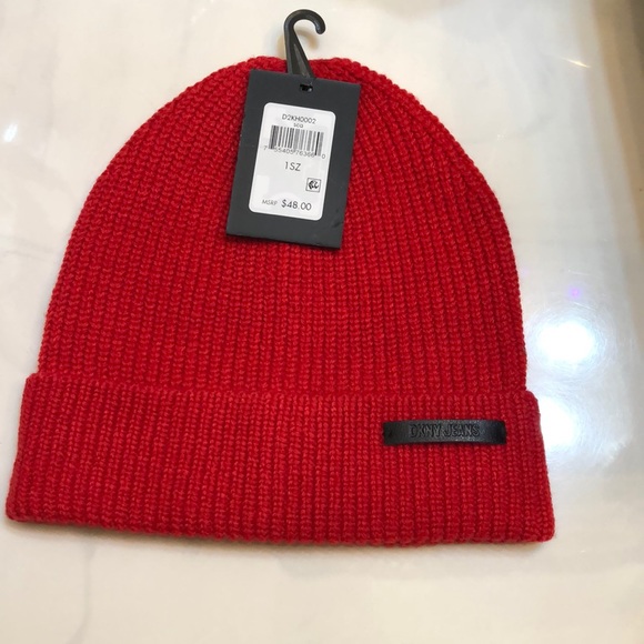 DKNY Ribbed Knit Cuffed Beanie Hat Color Scarlet Red Logo Accent OS NWT - Picture 1 of 15